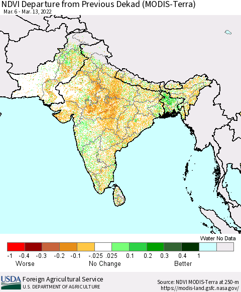 Southern Asia NDVI Departure from Previous Dekad (Terra-MODIS) Thematic Map For 3/11/2022 - 3/20/2022