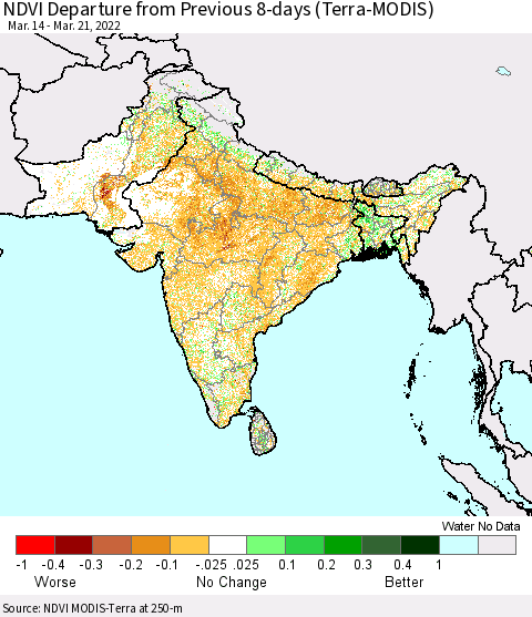 Southern Asia NDVI Departure from Previous 8-days (Terra-MODIS) Thematic Map For 3/14/2022 - 3/21/2022