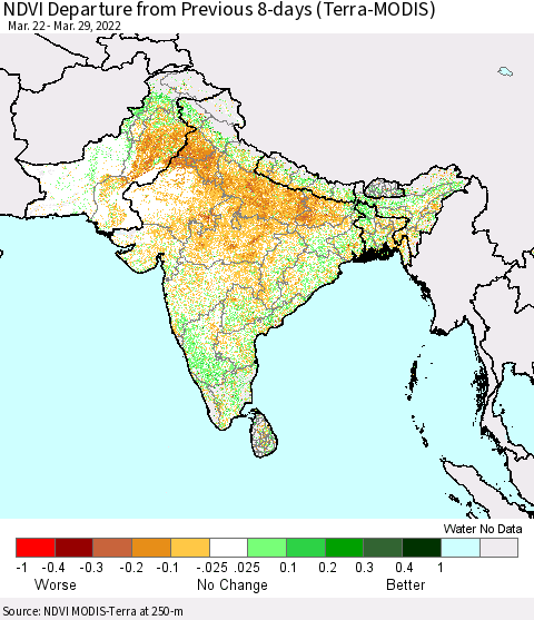 Southern Asia NDVI Departure from Previous 8-days (Terra-MODIS) Thematic Map For 3/22/2022 - 3/29/2022