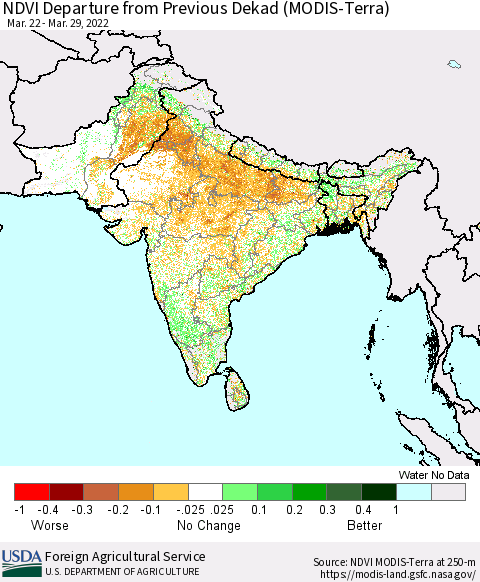 Southern Asia NDVI Departure from Previous Dekad (Terra-MODIS) Thematic Map For 3/21/2022 - 3/31/2022