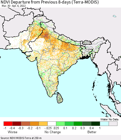 Southern Asia NDVI Departure from Previous 8-days (Terra-MODIS) Thematic Map For 3/30/2022 - 4/6/2022