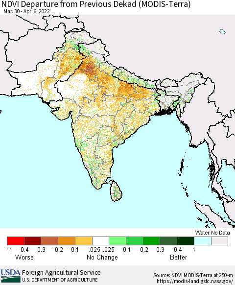 Southern Asia NDVI Departure from Previous Dekad (Terra-MODIS) Thematic Map For 4/1/2022 - 4/10/2022
