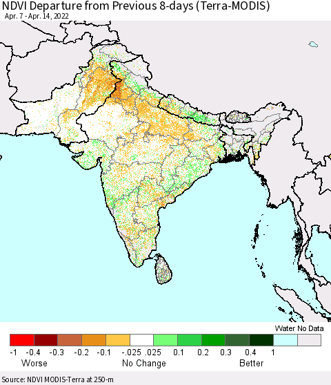 Southern Asia NDVI Departure from Previous 8-days (Terra-MODIS) Thematic Map For 4/7/2022 - 4/14/2022