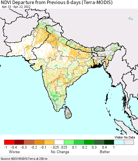 Southern Asia NDVI Departure from Previous 8-days (Terra-MODIS) Thematic Map For 4/15/2022 - 4/22/2022
