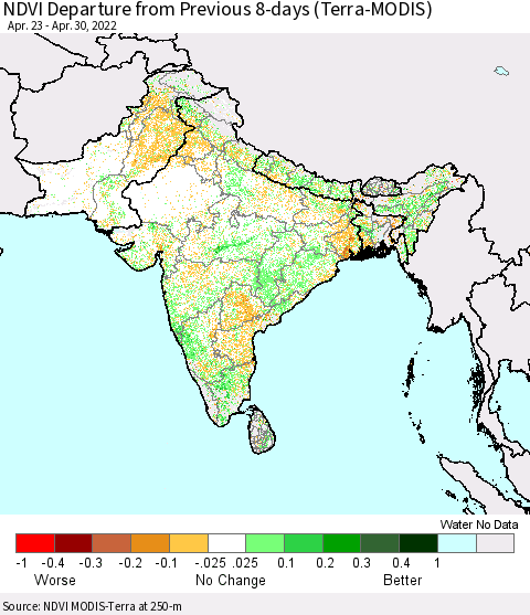 Southern Asia NDVI Departure from Previous 8-days (Terra-MODIS) Thematic Map For 4/23/2022 - 4/30/2022