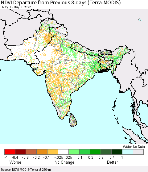 Southern Asia NDVI Departure from Previous 8-days (Terra-MODIS) Thematic Map For 5/1/2022 - 5/8/2022