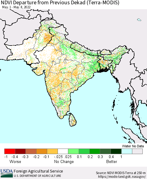 Southern Asia NDVI Departure from Previous Dekad (Terra-MODIS) Thematic Map For 5/1/2022 - 5/10/2022