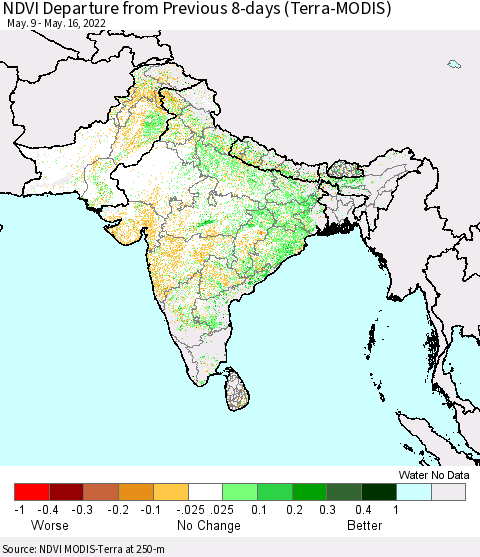 Southern Asia NDVI Departure from Previous 8-days (Terra-MODIS) Thematic Map For 5/9/2022 - 5/16/2022