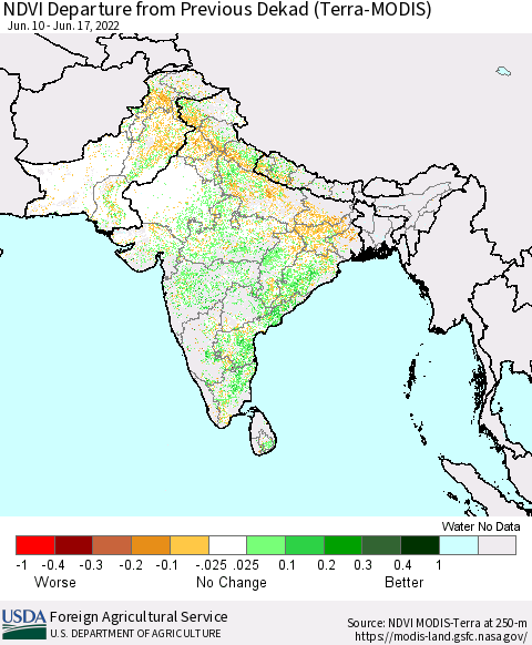 Southern Asia NDVI Departure from Previous Dekad (Terra-MODIS) Thematic Map For 6/11/2022 - 6/20/2022