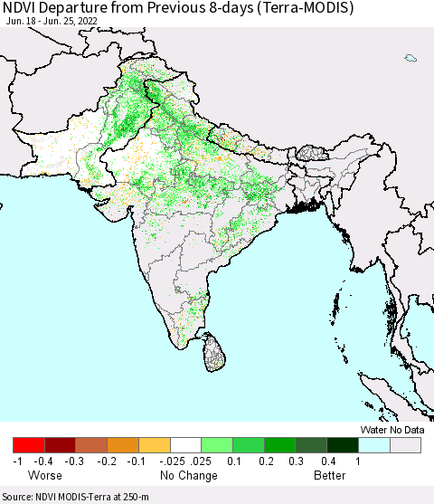 Southern Asia NDVI Departure from Previous 8-days (Terra-MODIS) Thematic Map For 6/18/2022 - 6/25/2022
