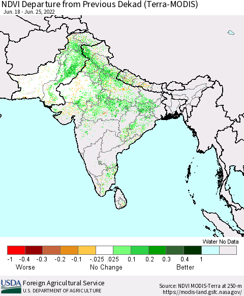 Southern Asia NDVI Departure from Previous Dekad (Terra-MODIS) Thematic Map For 6/21/2022 - 6/30/2022