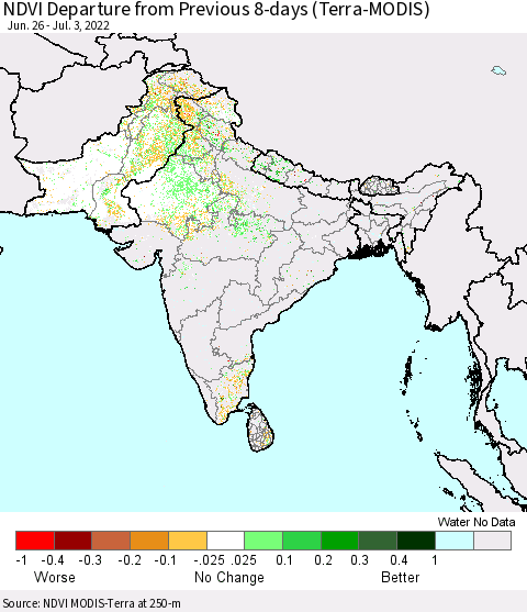 Southern Asia NDVI Departure from Previous 8-days (Terra-MODIS) Thematic Map For 6/26/2022 - 7/3/2022