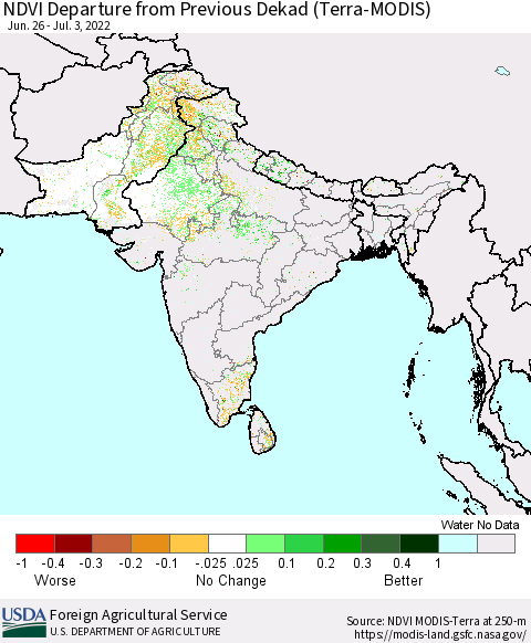 Southern Asia NDVI Departure from Previous Dekad (Terra-MODIS) Thematic Map For 7/1/2022 - 7/10/2022