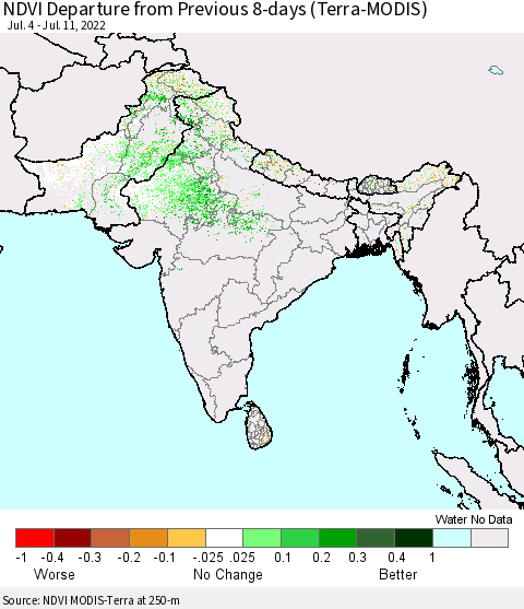 Southern Asia NDVI Departure from Previous 8-days (Terra-MODIS) Thematic Map For 7/4/2022 - 7/11/2022