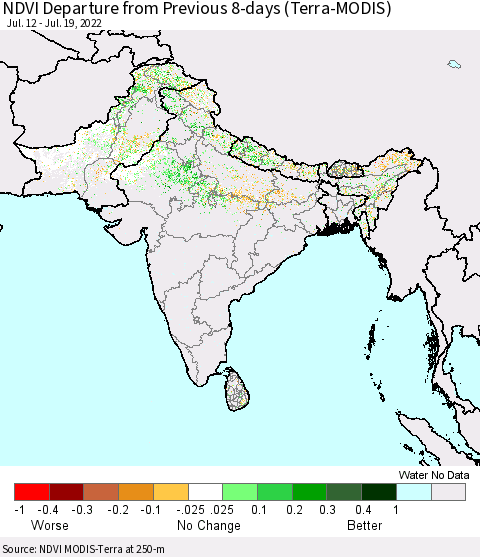 Southern Asia NDVI Departure from Previous 8-days (Terra-MODIS) Thematic Map For 7/12/2022 - 7/19/2022