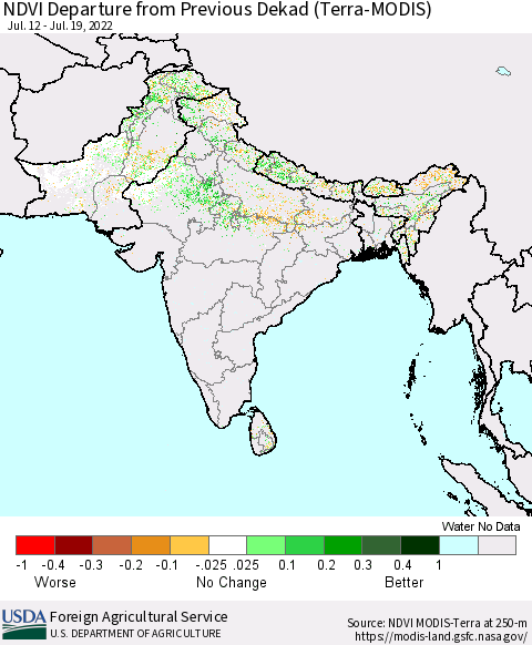 Southern Asia NDVI Departure from Previous Dekad (Terra-MODIS) Thematic Map For 7/11/2022 - 7/20/2022