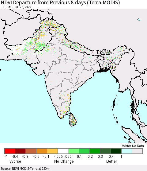 Southern Asia NDVI Departure from Previous 8-days (Terra-MODIS) Thematic Map For 7/20/2022 - 7/27/2022