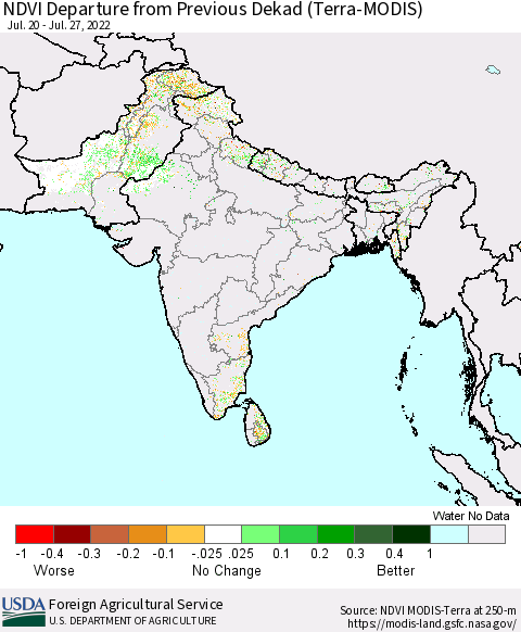 Southern Asia NDVI Departure from Previous Dekad (Terra-MODIS) Thematic Map For 7/21/2022 - 7/31/2022