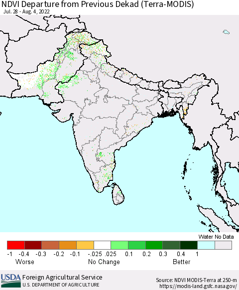 Southern Asia NDVI Departure from Previous Dekad (Terra-MODIS) Thematic Map For 8/1/2022 - 8/10/2022