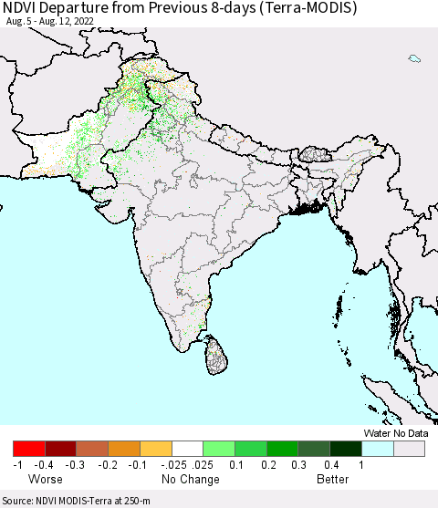 Southern Asia NDVI Departure from Previous 8-days (Terra-MODIS) Thematic Map For 8/5/2022 - 8/12/2022
