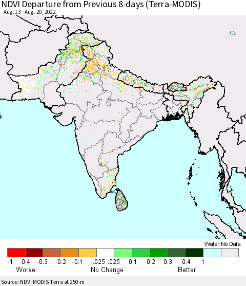 Southern Asia NDVI Departure from Previous Dekad (Terra-MODIS) Thematic Map For 8/11/2022 - 8/20/2022