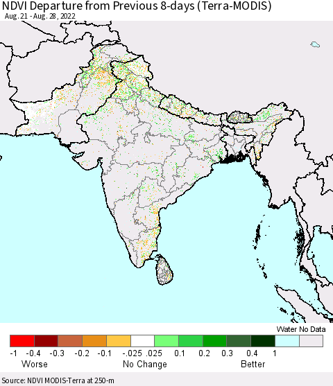 Southern Asia NDVI Departure from Previous 8-days (Terra-MODIS) Thematic Map For 8/21/2022 - 8/28/2022