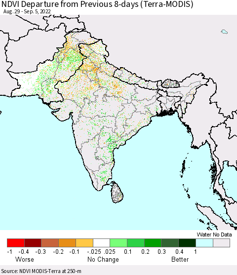 Southern Asia NDVI Departure from Previous 8-days (Terra-MODIS) Thematic Map For 8/29/2022 - 9/5/2022
