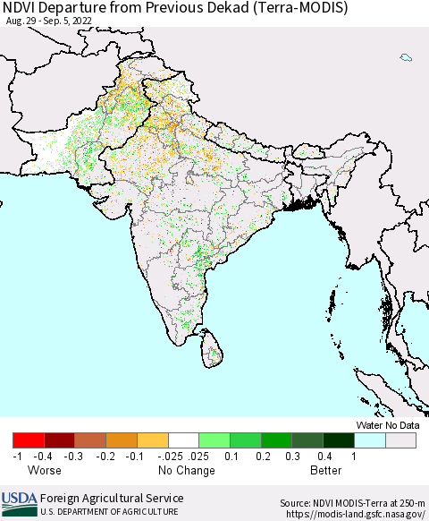 Southern Asia NDVI Departure from Previous Dekad (Terra-MODIS) Thematic Map For 9/1/2022 - 9/10/2022