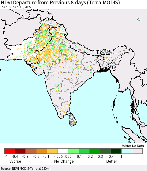 Southern Asia NDVI Departure from Previous 8-days (Terra-MODIS) Thematic Map For 9/6/2022 - 9/13/2022