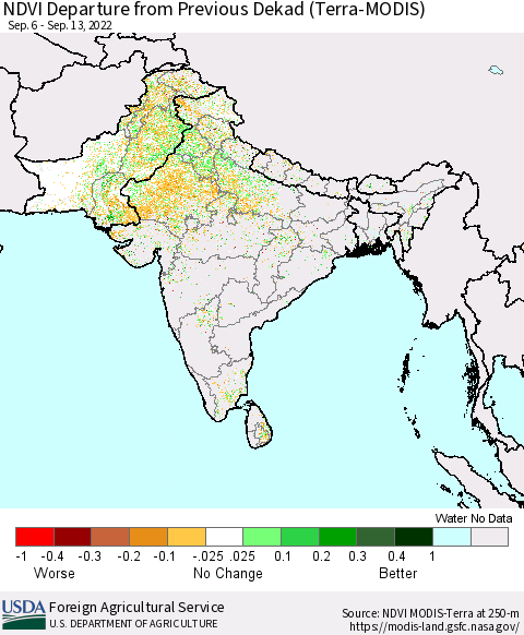 Southern Asia NDVI Departure from Previous Dekad (Terra-MODIS) Thematic Map For 9/11/2022 - 9/20/2022