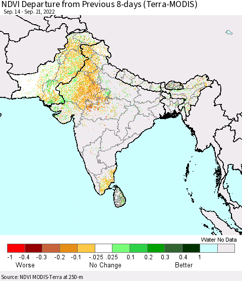 Southern Asia NDVI Departure from Previous 8-days (Terra-MODIS) Thematic Map For 9/14/2022 - 9/21/2022