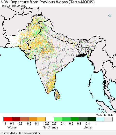 Southern Asia NDVI Departure from Previous 8-days (Terra-MODIS) Thematic Map For 9/22/2022 - 9/29/2022