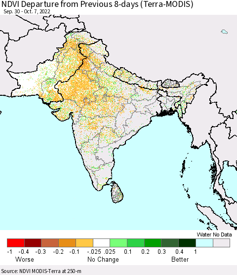 Southern Asia NDVI Departure from Previous 8-days (Terra-MODIS) Thematic Map For 9/30/2022 - 10/7/2022