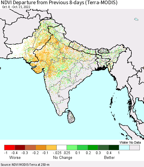Southern Asia NDVI Departure from Previous 8-days (Terra-MODIS) Thematic Map For 10/8/2022 - 10/15/2022