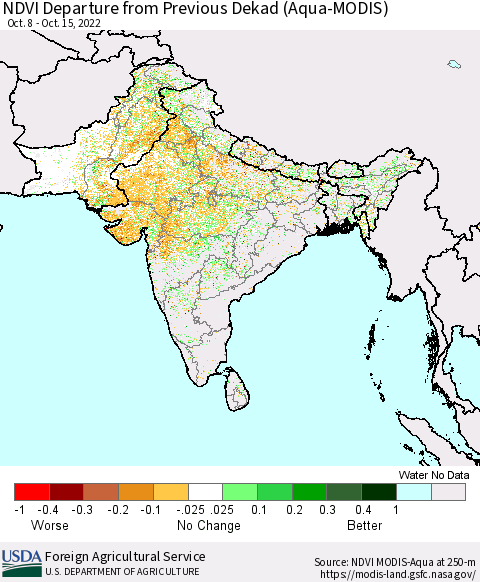 Southern Asia NDVI Departure from Previous Dekad (Terra-MODIS) Thematic Map For 10/11/2022 - 10/20/2022
