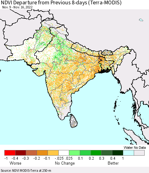 Southern Asia NDVI Departure from Previous 8-days (Terra-MODIS) Thematic Map For 11/9/2022 - 11/16/2022