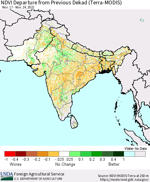 Southern Asia NDVI Departure from Previous Dekad (Terra-MODIS) Thematic Map For 11/21/2022 - 11/30/2022