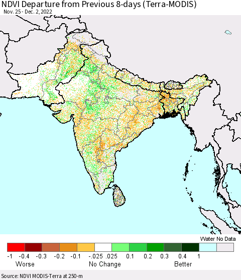 Southern Asia NDVI Departure from Previous 8-days (Terra-MODIS) Thematic Map For 11/25/2022 - 12/2/2022