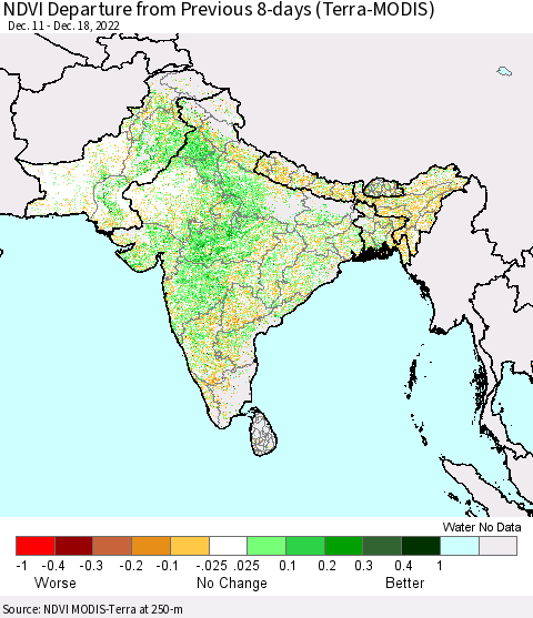 Southern Asia NDVI Departure from Previous 8-days (Terra-MODIS) Thematic Map For 12/11/2022 - 12/18/2022