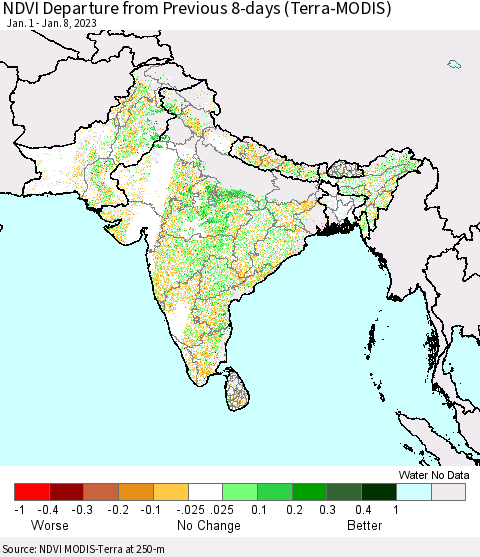 Southern Asia NDVI Departure from Previous 8-days (Terra-MODIS) Thematic Map For 1/1/2023 - 1/8/2023