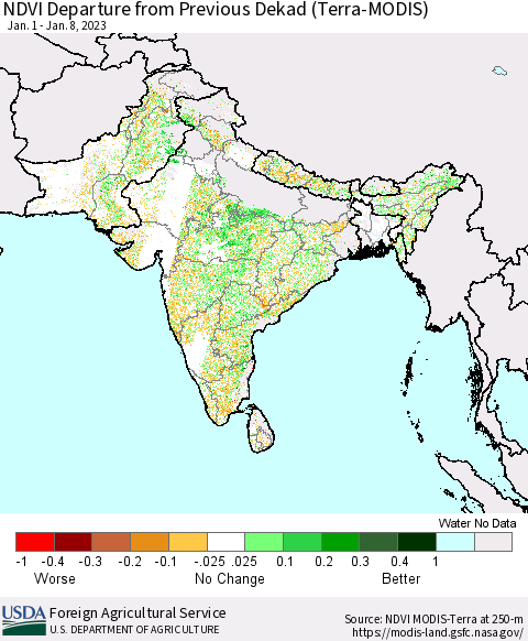 Southern Asia NDVI Departure from Previous Dekad (Terra-MODIS) Thematic Map For 1/1/2023 - 1/10/2023