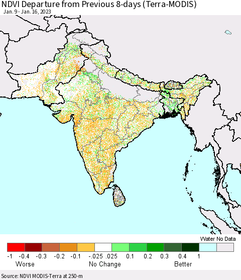 Southern Asia NDVI Departure from Previous 8-days (Terra-MODIS) Thematic Map For 1/9/2023 - 1/16/2023