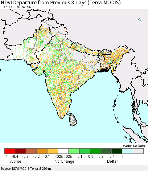 Southern Asia NDVI Departure from Previous 8-days (Terra-MODIS) Thematic Map For 1/17/2023 - 1/24/2023