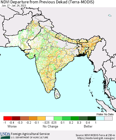 Southern Asia NDVI Departure from Previous Dekad (Terra-MODIS) Thematic Map For 1/21/2023 - 1/31/2023
