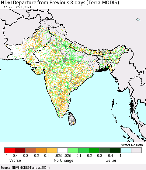 Southern Asia NDVI Departure from Previous 8-days (Terra-MODIS) Thematic Map For 1/25/2023 - 2/1/2023