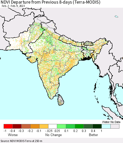 Southern Asia NDVI Departure from Previous 8-days (Terra-MODIS) Thematic Map For 2/2/2023 - 2/9/2023