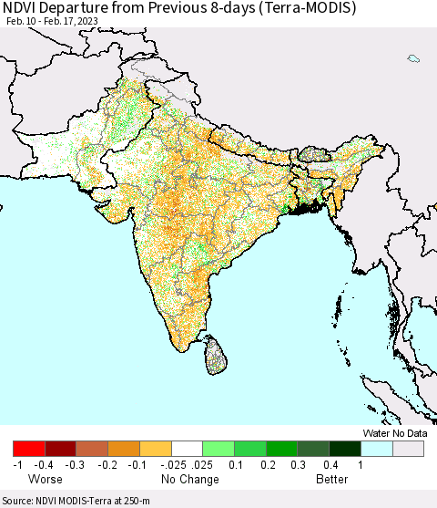 Southern Asia NDVI Departure from Previous 8-days (Terra-MODIS) Thematic Map For 2/10/2023 - 2/17/2023