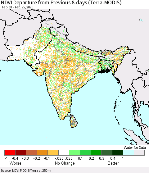 Southern Asia NDVI Departure from Previous 8-days (Terra-MODIS) Thematic Map For 2/18/2023 - 2/25/2023