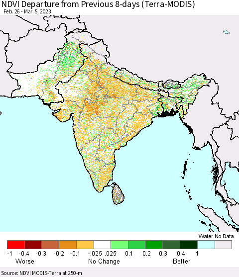 Southern Asia NDVI Departure from Previous 8-days (Terra-MODIS) Thematic Map For 2/26/2023 - 3/5/2023