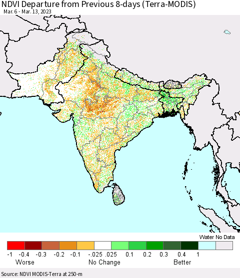 Southern Asia NDVI Departure from Previous 8-days (Terra-MODIS) Thematic Map For 3/6/2023 - 3/13/2023